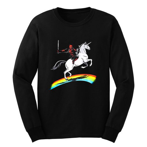 Deadpool Riding a Unicorn on a Rainbow Long Sleeve