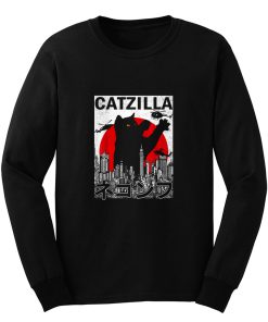 Catzilla Japanese Vintage Sunset Style Cat Kitten Lover Long Sleeve