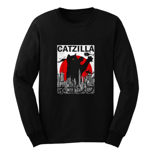 Catzilla Japanese Vintage Sunset Style Cat Kitten Lover Long Sleeve