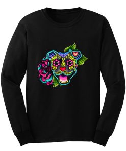 Smiling Pit Bull in Blue Day of the Dead Pitbull Sugar Skull Long Sleeve