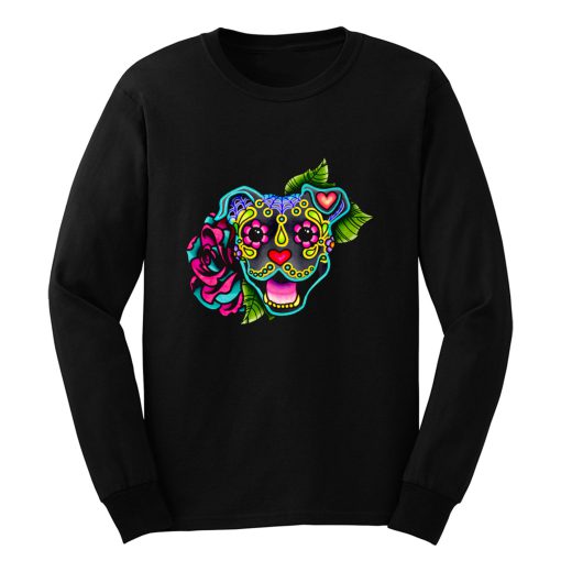 Smiling Pit Bull in Blue Day of the Dead Pitbull Sugar Skull Long Sleeve