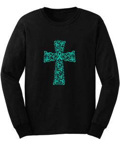 Christian Cross Jesus Ovarian Cancer Awareness Teal Ribbon Warrior Support Survivor Long Sleeve