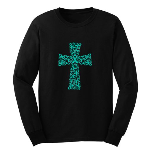 Christian Cross Jesus Ovarian Cancer Awareness Teal Ribbon Warrior Support Survivor Long Sleeve