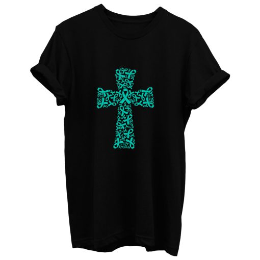 Christian Cross Jesus Ovarian Cancer Awareness Teal Ribbon Warrior Support Survivor T Shirt